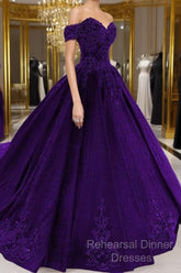 Purple Wedding Dresses, Lace Ball Gown Semi Formal Prom Dress, Off The Shoulder For Women
